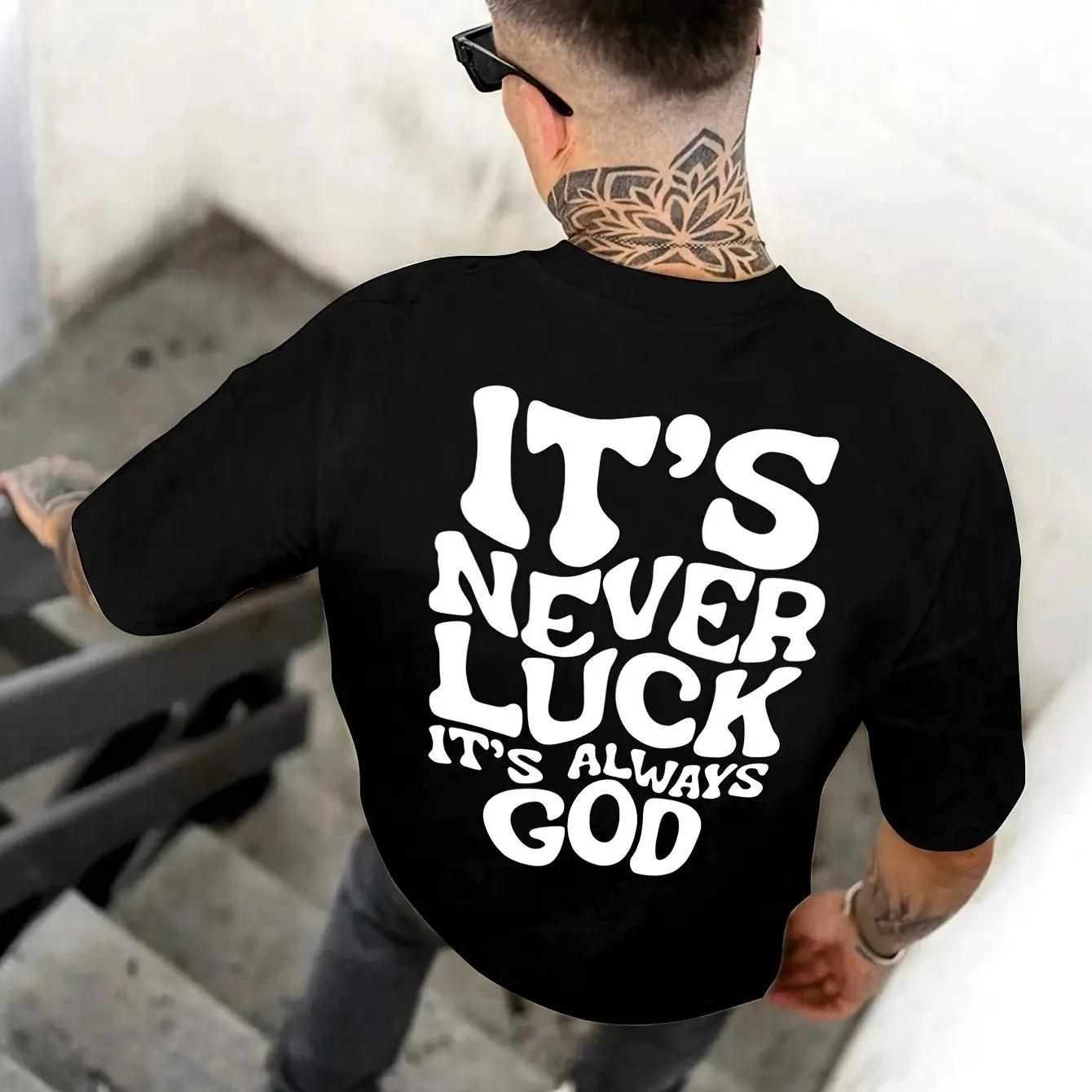 Men's summer 100% pure cotton fashionable casual sports loose it's never luck letter printed round neck short sleeved T-shirt
