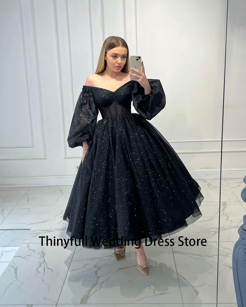 Thinyfull A Line Black Glitter Prom Gown Off Shoulder Tulle Evening Party Dresses Tea Length Prom Dress Customized Events Dress