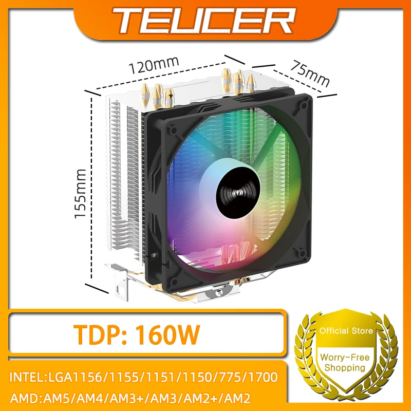 TEUCER CPU 쿨러 4 히트 파이프 PC 라디에이터 냉각 Intel 1700 1150 1155 1156 1366 AM2/AM3/AM4 AMD 용 3PIN PWM 자동 Rgb 팬