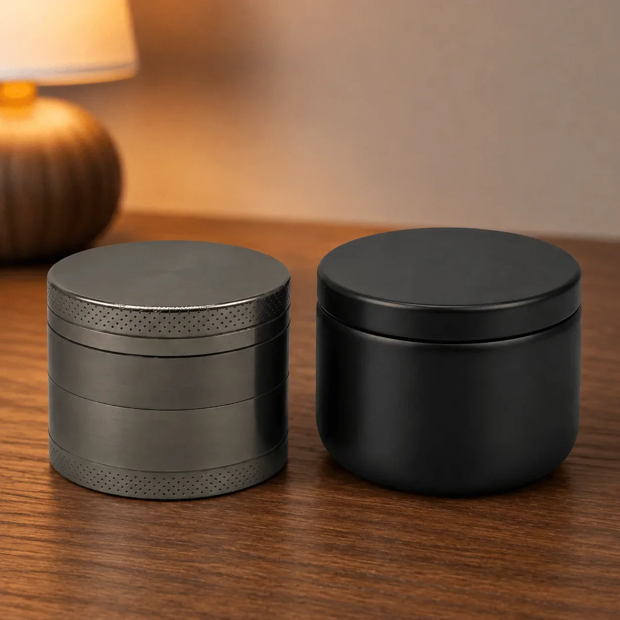 50mm Gun Grey Zinc Alloy Herb Grinder Four Layer Manual Tobacco Mill with Black Storage Jar Set Portable Smoking Accessories