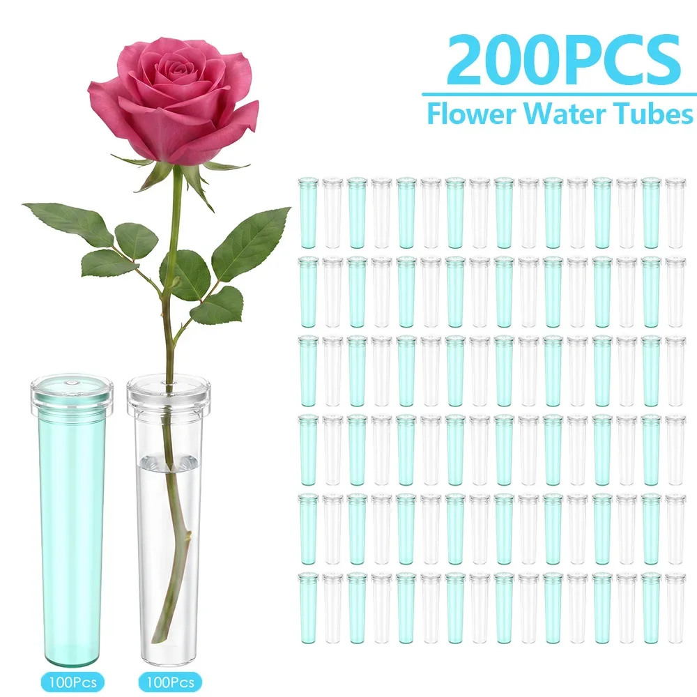 200Pcs Flower Water Tubes 2.76 Inch Plastic Transparent Floral Vials Set with Cap for Single Stem Rose Floral Arrangement Decor