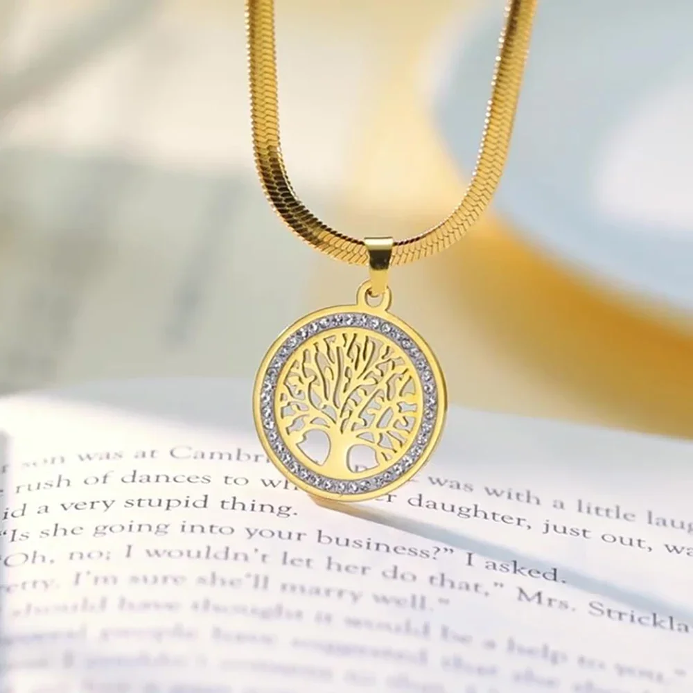 Skyrim Tree of Life Clear Zircon Round Pendant Necklace Women Stainless Steel Snake Chains Choker Luxury Wedding Gift Wholesale