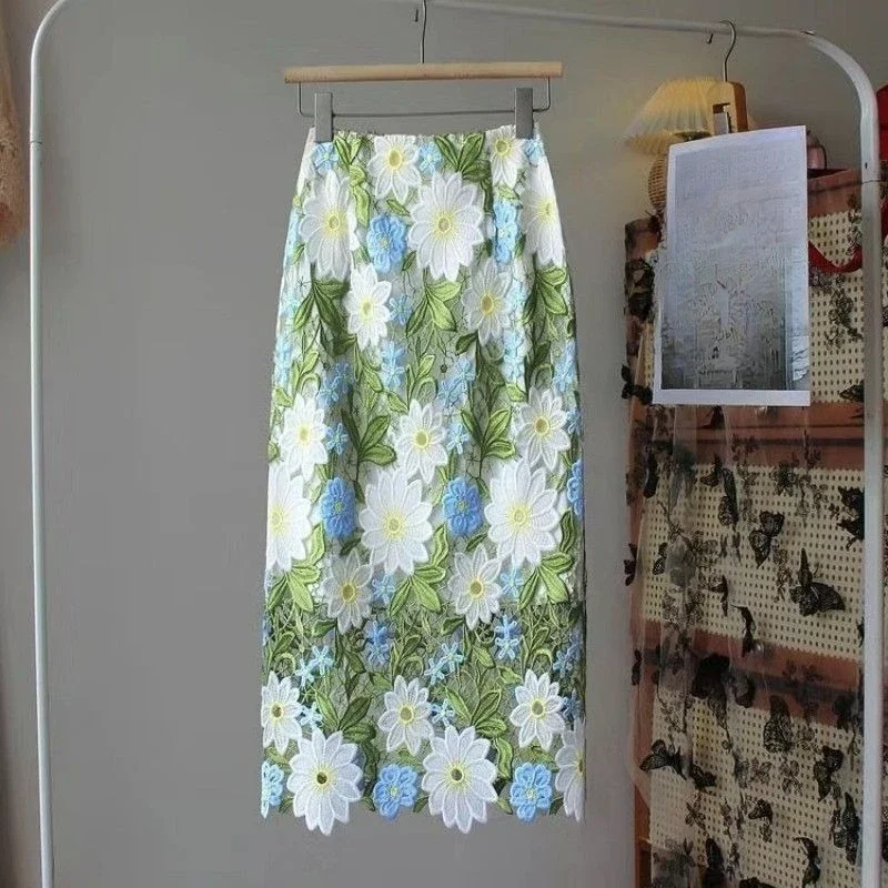 Crochet Lace Skirts Women Embroidered Floral A Skirts Vintage Spring Summer Korean Fashion Elegant Sweet Bodycon Skirt Femmale
