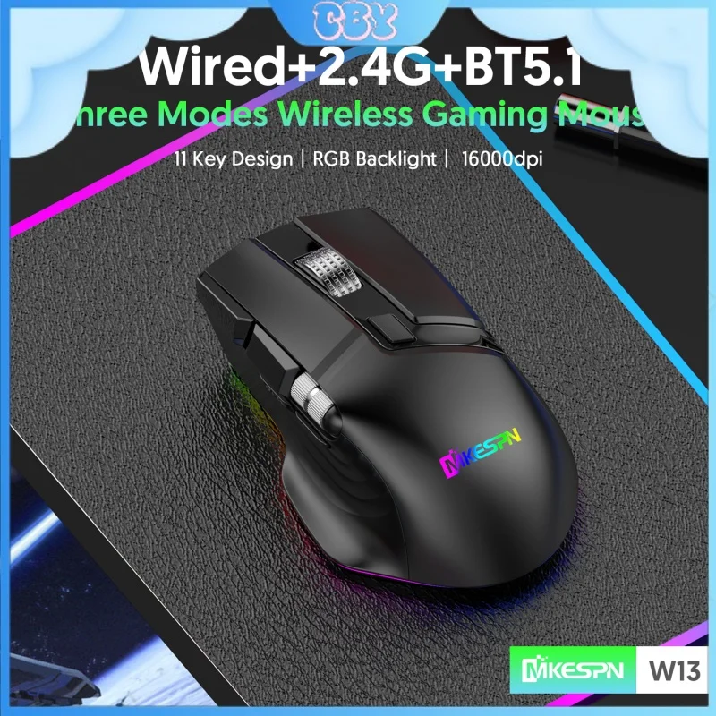 new W13 wireless three-mode mouse 10-key double-wheel swing macro definition game computer accessories peripheral ergonomics