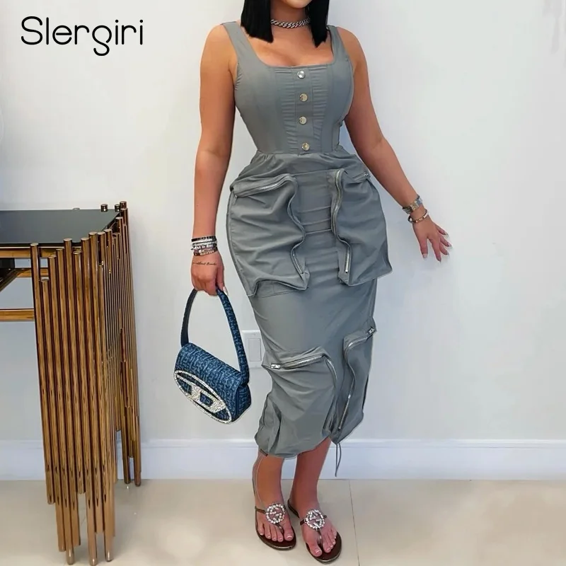 

Slergiri Women's Square Collar Button Front Cargo Tank Dress 2025 Summer Multi-pocket Casual Drawstring Hem Long Dresses