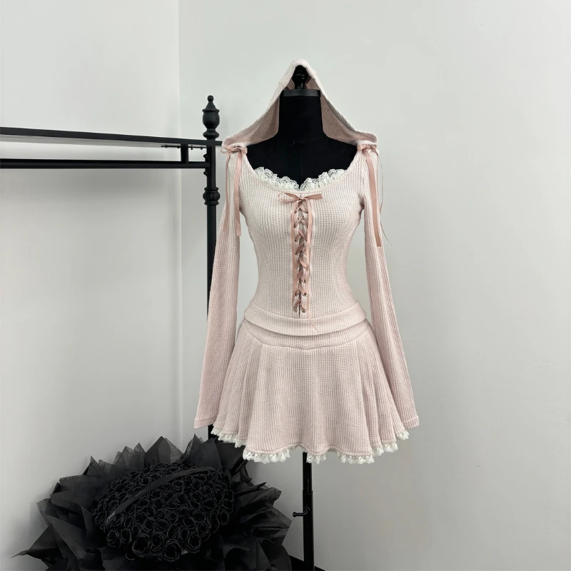 Spring Japanese Sweet Women 2000s Y2k Korean Fashion Outfits 2 Piece Sets Long Sleeve Hoodies Tops + Lace Chic Design Mini Skirt