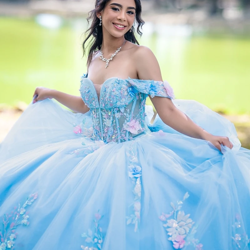 

Sky Blue Quinceanera Dresses Ball Gown Off Shoulder Appliques Lace Beads Tull Corset Birthday Party Sweet 16 Dress Vestidos 15