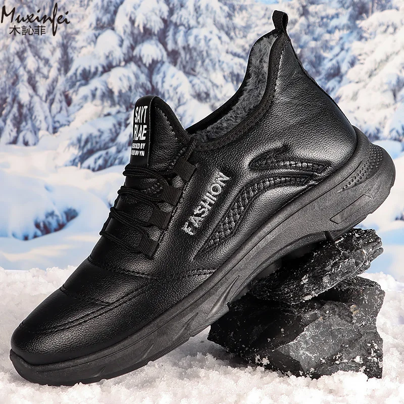 

Winter Cotton Shoes Large Cotton Boots Thickened and Warm Men's Outdoor Waterproof Leather Boots Snow Boots in Large Sizes 39-47