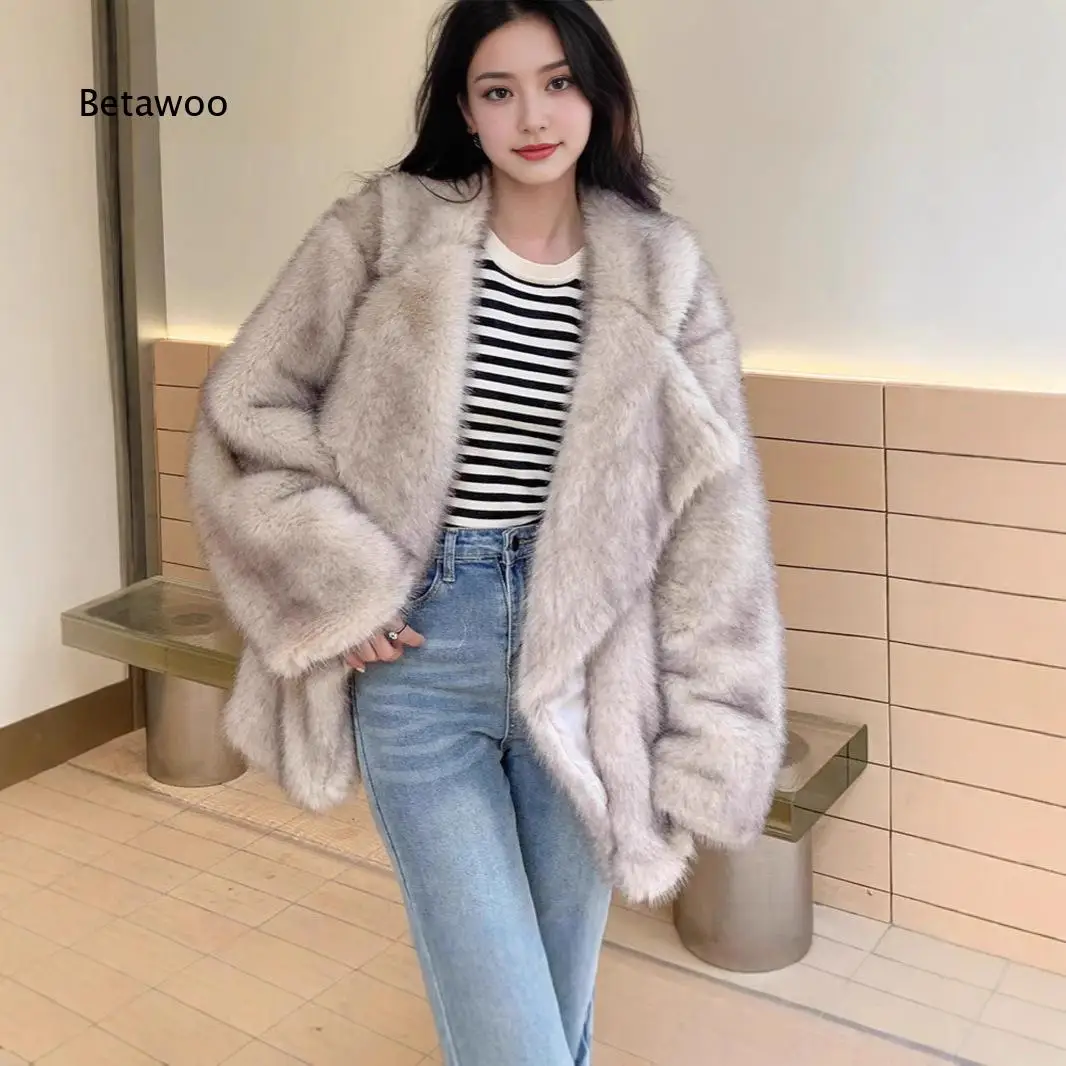 Women Mid Length Faux Fur Overcoat Loose Suit Collar Artificial Fox Fur Effect Plush Outerwear For Autumn Winter Daily Commute P