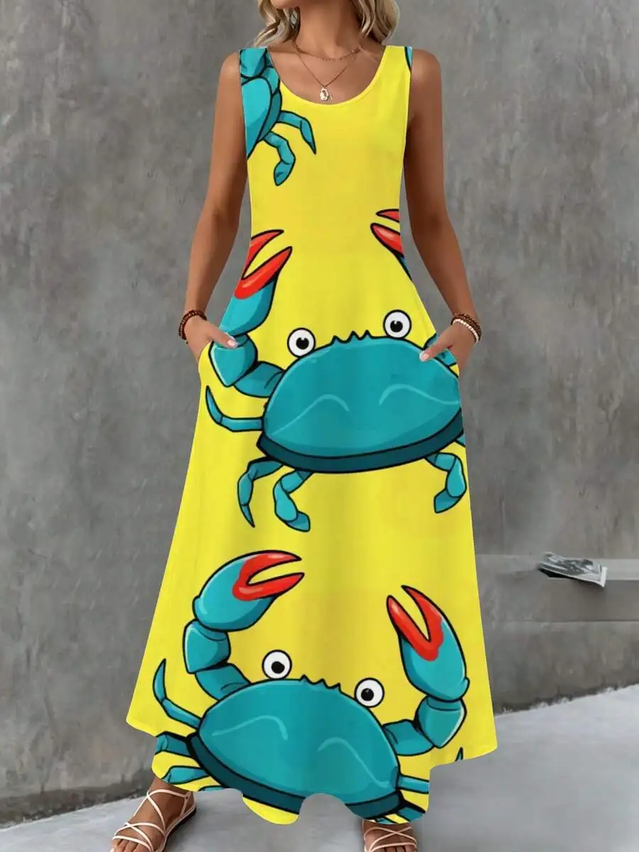 

Sleeveless Maxi Dress Yellow Crab Print Summer Beach Wear