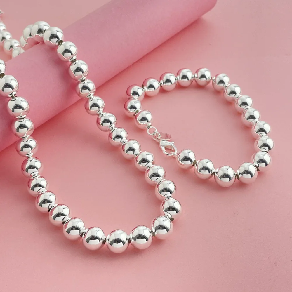 

925 Sterling Silver Jewelry Set 8MM Buddha Beads Necklace Bracelet Set Women's Fashion Simple Birthday Wedding Jewelry Gift