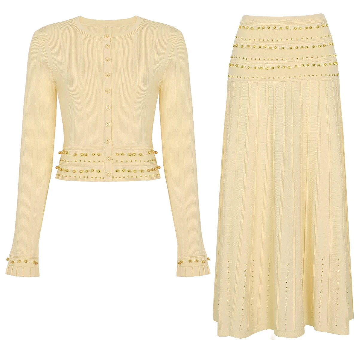 26287 High Quality Spring And Autumn New Fashionable Luxury Beaded Round Neck Knitted Women's Long Sleeve Top Coat+Skirt Set
