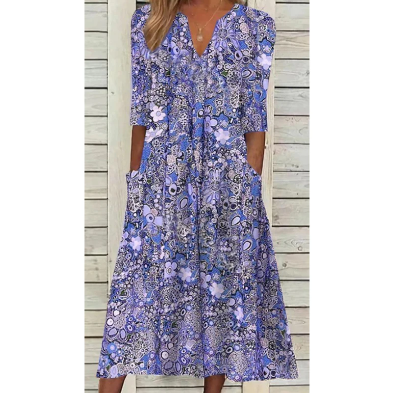 2023 Summer Fashion Vintage Floral Print Boho Party Dresses for Women Vacation V-Neck Short Sleeve Pockets Beach Midi Dress Robe