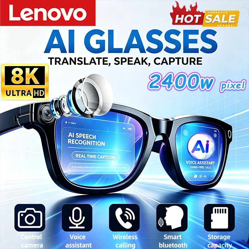 Lenovo HOT 2400W KI-Smart-Kamera-Brille Freisprechfunktion KI-Übersetzung Chatprotokollierung Musikwiedergabe für Männer und Frauen óculos inteligente