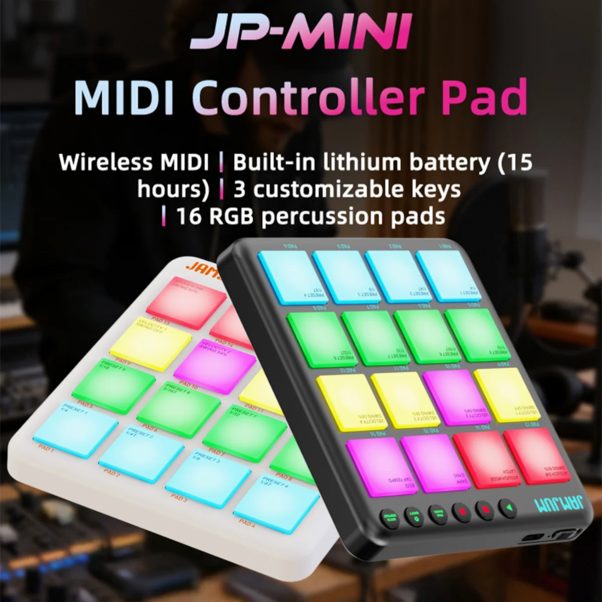 

JAMJUM Portable JP-MINI MIDI Pad Controller/16 RGB Pads/Bluetooth/Built-in Lithium Battery 15H/for Music Production