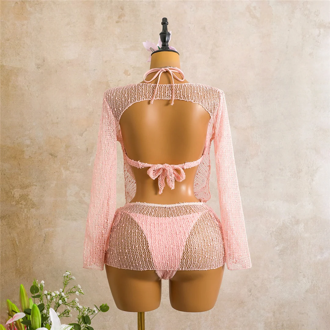 Sexy Neckholder-Bikini, Damen-Badeanzug, dreiteiliges Bikini-Set mit langärmeligem Kleid, Badeanzug, Badebekleidung, Schwimmanzug V7925C – Detail 28