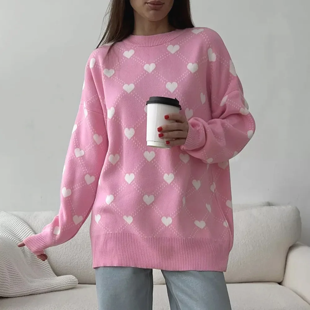 Little Love Jacquard Sweet Winter Sweater New Autumn Loose Fashion Knitting Women Top Round Neck Casual Pullovers Female Clothes