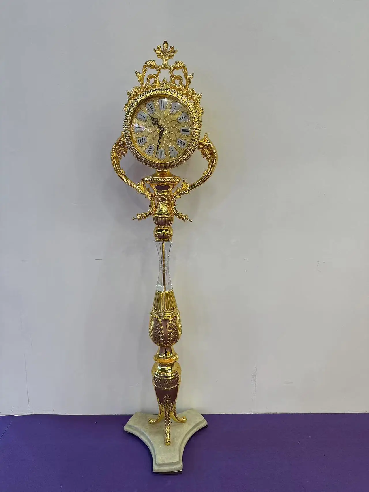 Luxury Gold Vintage Home Floor Clock Antique Style Crystal Elegant Grandfather Clock