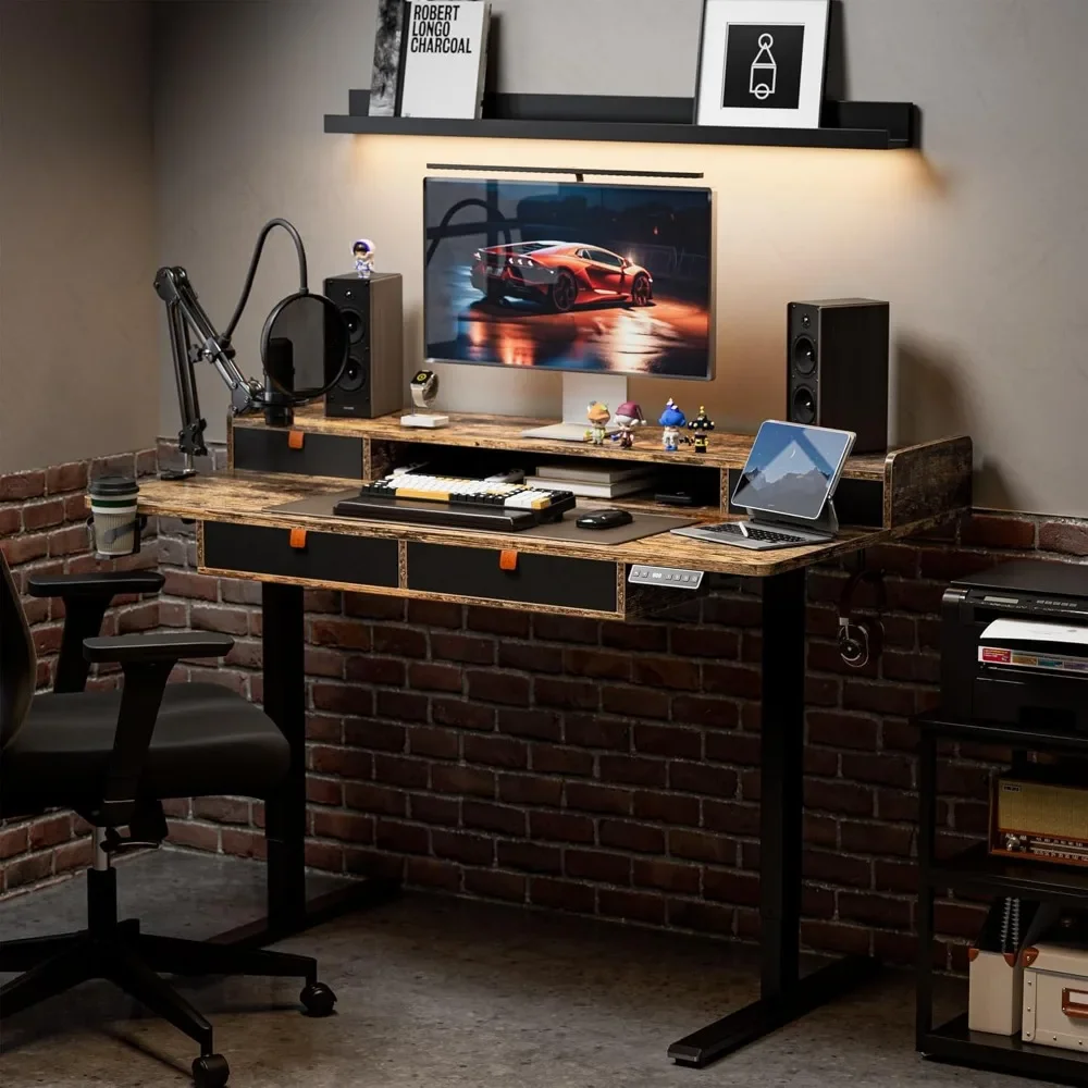 

Вертикальные ящики 55x30 дюймов, регулируемая высота, 4 ящика из искусственной кожи, двойные полки для хранения, стоячий стол, коричневый офисный стол