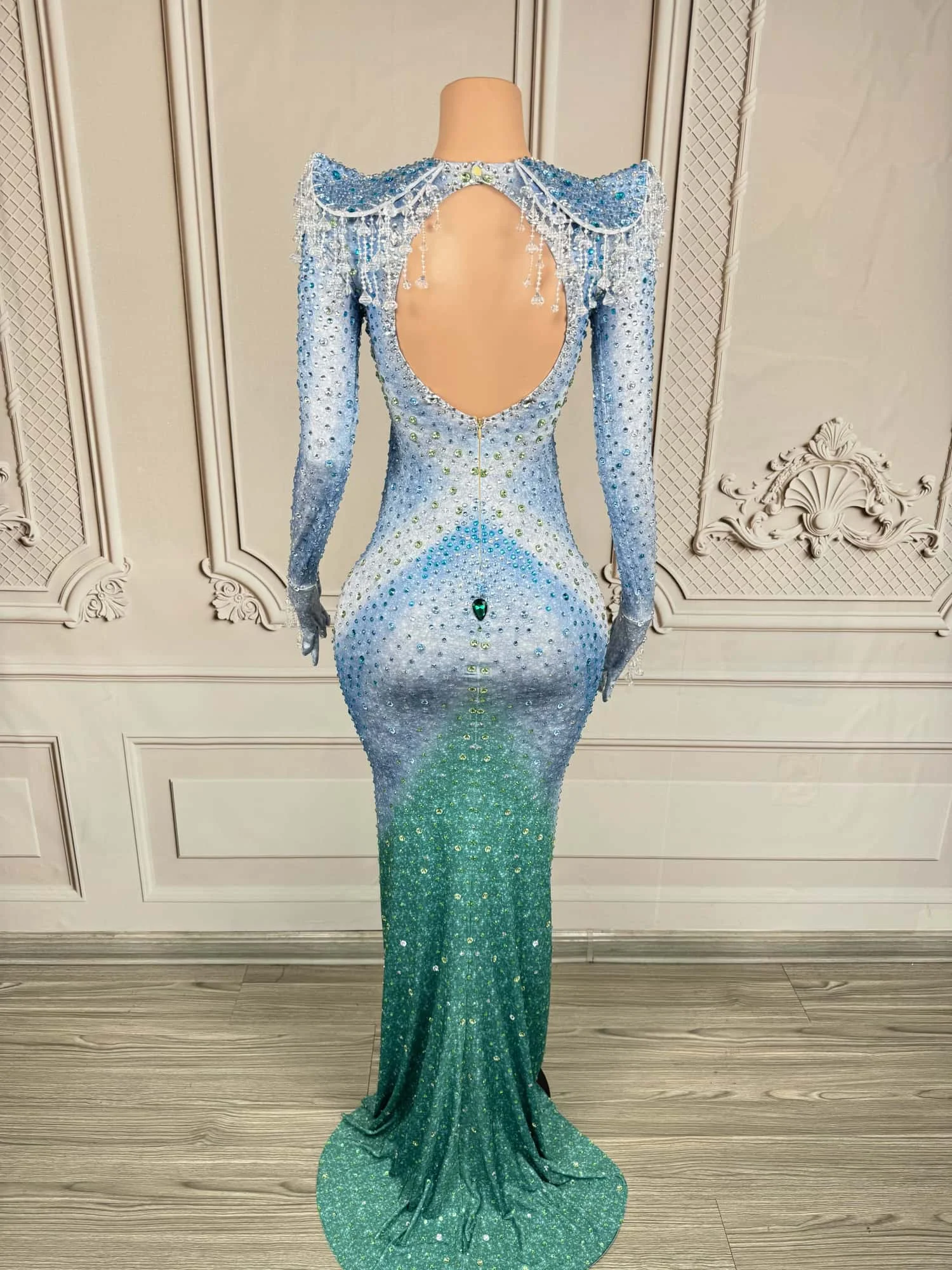 

Feicui Womens Luxury Blue Green Gradient Rhinestone Maxi Dress Long Sleeve Bodycon Formal Evening Party Prom Gown With Gloves