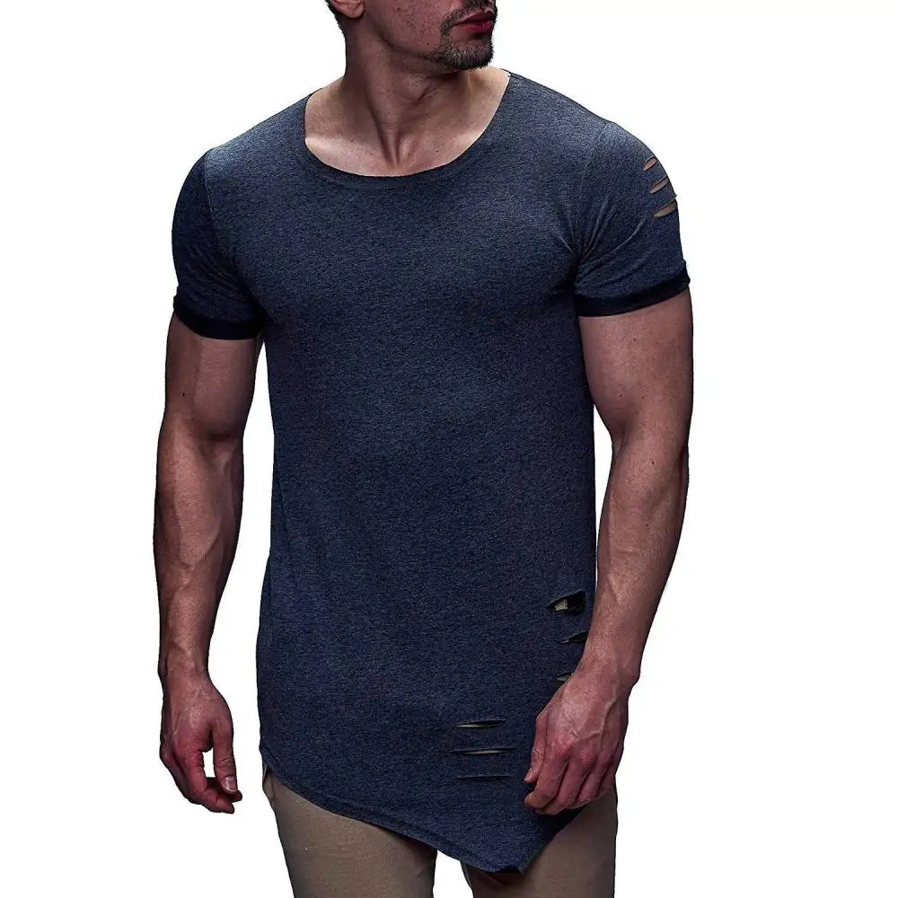 Trendy Men T-Shirt NEW O-Neck Short Sleeve Men\'s Irregular Hem Hole Ripped Tshirts Hip Hop Streetwear Tops Tees Slim Fit Appare