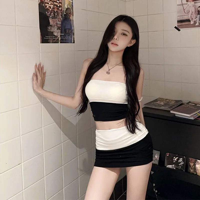 Pure Desire Slimming Short Crop Top + High Waist Versatile Mini Skirt Set Women's Polyester Fiber Fashionable Body S