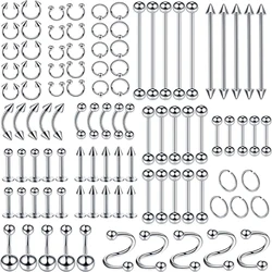5-100 Pieces Stainless Steel 14G 16G 20G Nose Lip Tongue Cartilage Ear Eyebrow Nail Barbell Navel Ring Body Piercing Set Jewelry