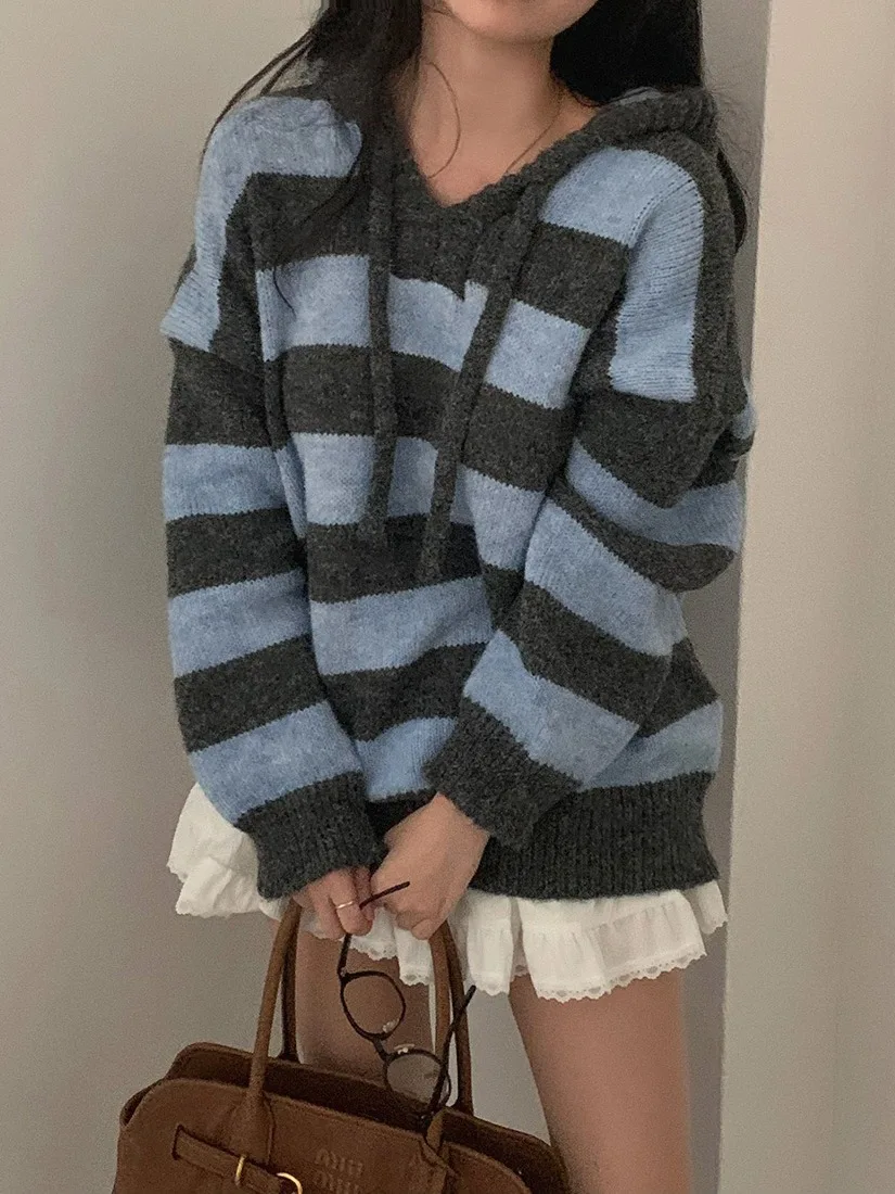 

Retro Striped Hooded Loose Long Sve Knitwear Chic Winter New Sle College Wind Anti-Aging Women's Knitted Top