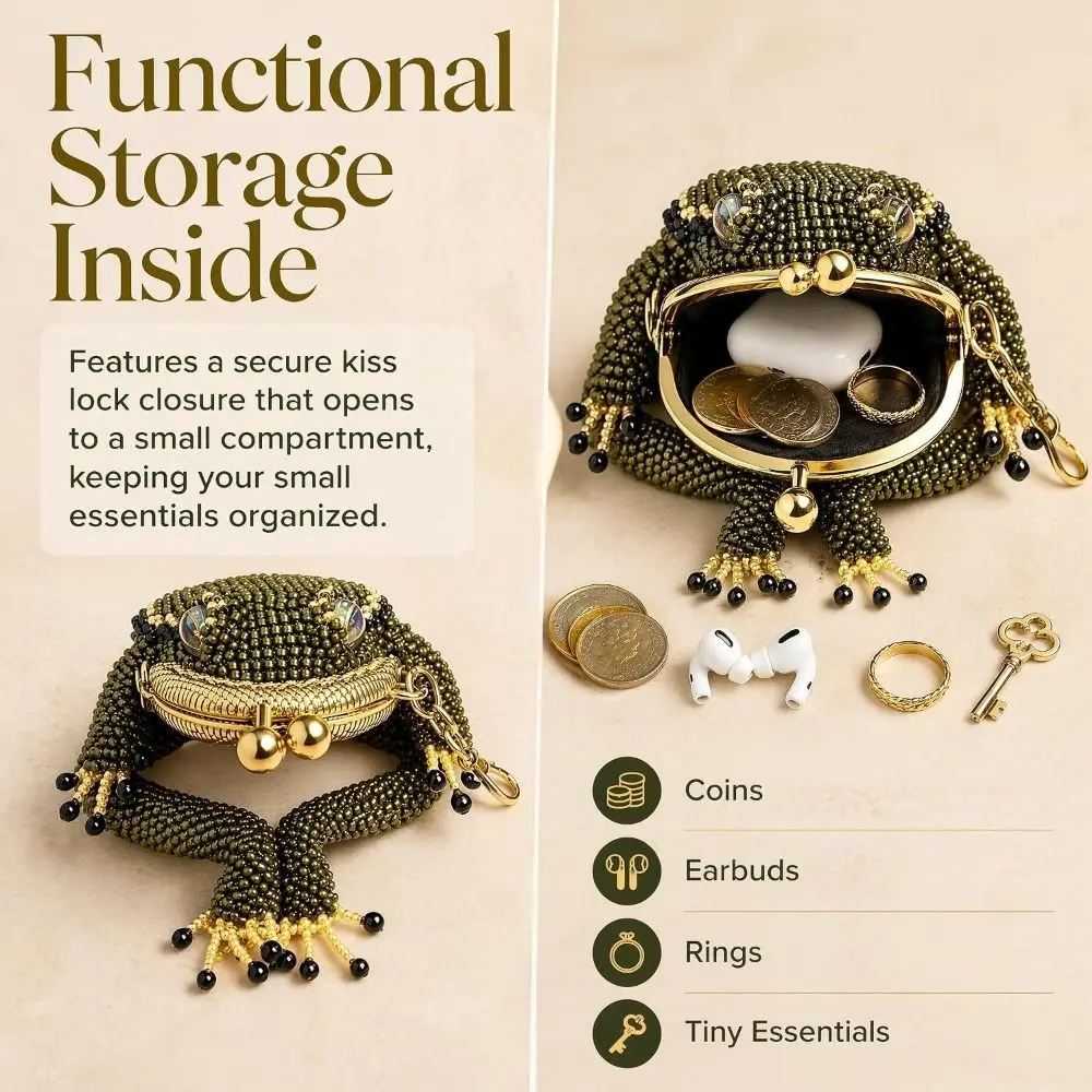 Image of Geschenke Mini Charmante Frosch-Münzbörse mit Kussverschluss, Perlen-Schlüsselanhänger, 3D-Cartoon-Stil Taschenzubehör für Mädchen