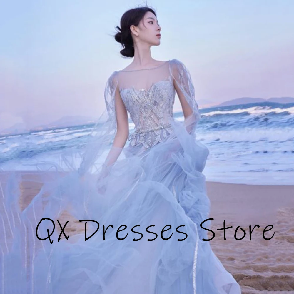 فساتين سهرة Yipeisha بسيطة من التول باللون الأزرق السماوي مع زينة مطرزة بالخرز مثيرة بدون ظهر بطول الأرض وحفلات رسمية Pr