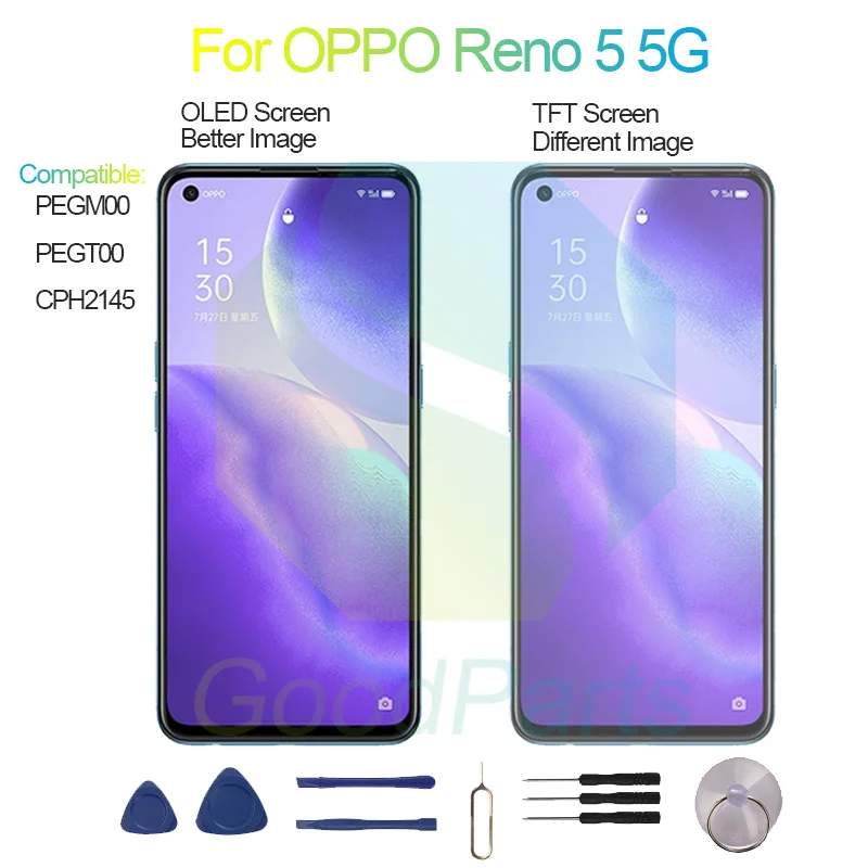 For OPPO Reno 5 5G Screen Display Replacement 2400*1080 PEGM00, PEGT00, CPH2145 Reno 5 5G LCD Touch Digitizer Assembly