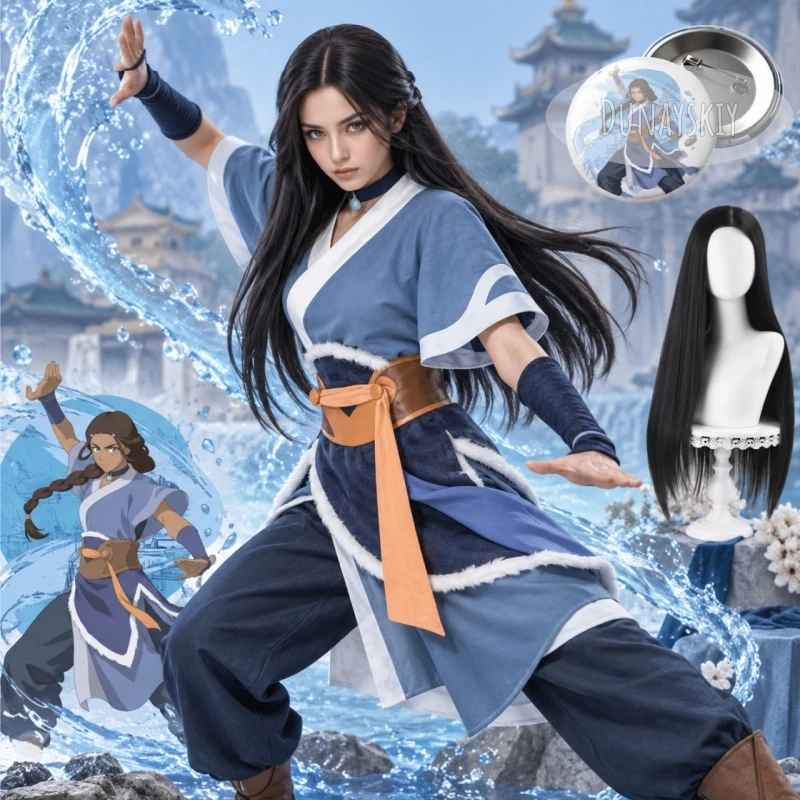 Traje de la Tribu del Agua Azul de Katara con cinturón y fajín con detalles de piel, insignia y pelucas. Disfraz de cosplay de The Last Airbender, set de Halloween.