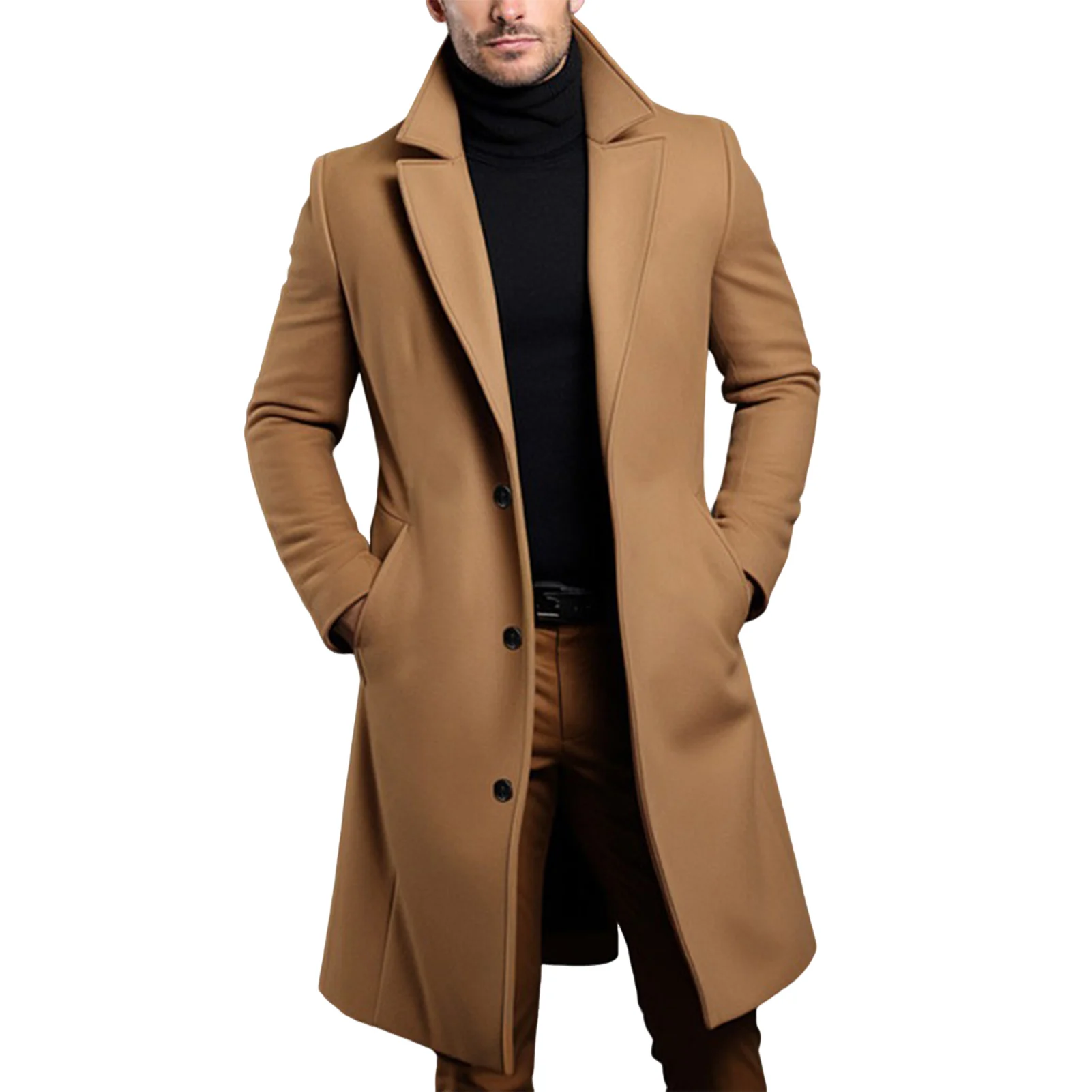 Men Elegant Long Trench Overcoat Single-breasted Windproof Trench Coat for Jeans Sweater Boots Matching