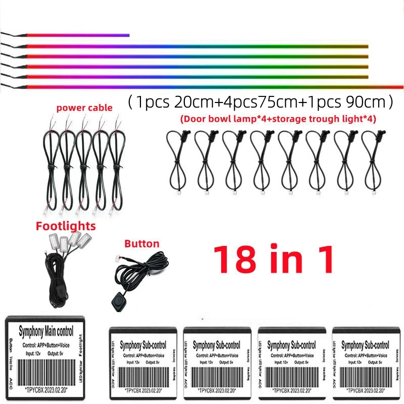 18 in 1 Symfonie Streamer Auto Omgevingsverlichting Interieur LED Acryl Strip Licht RGB 64 Kleur Decoratie Sfeerlamp APP Afstandsbediening - afbeelding 1