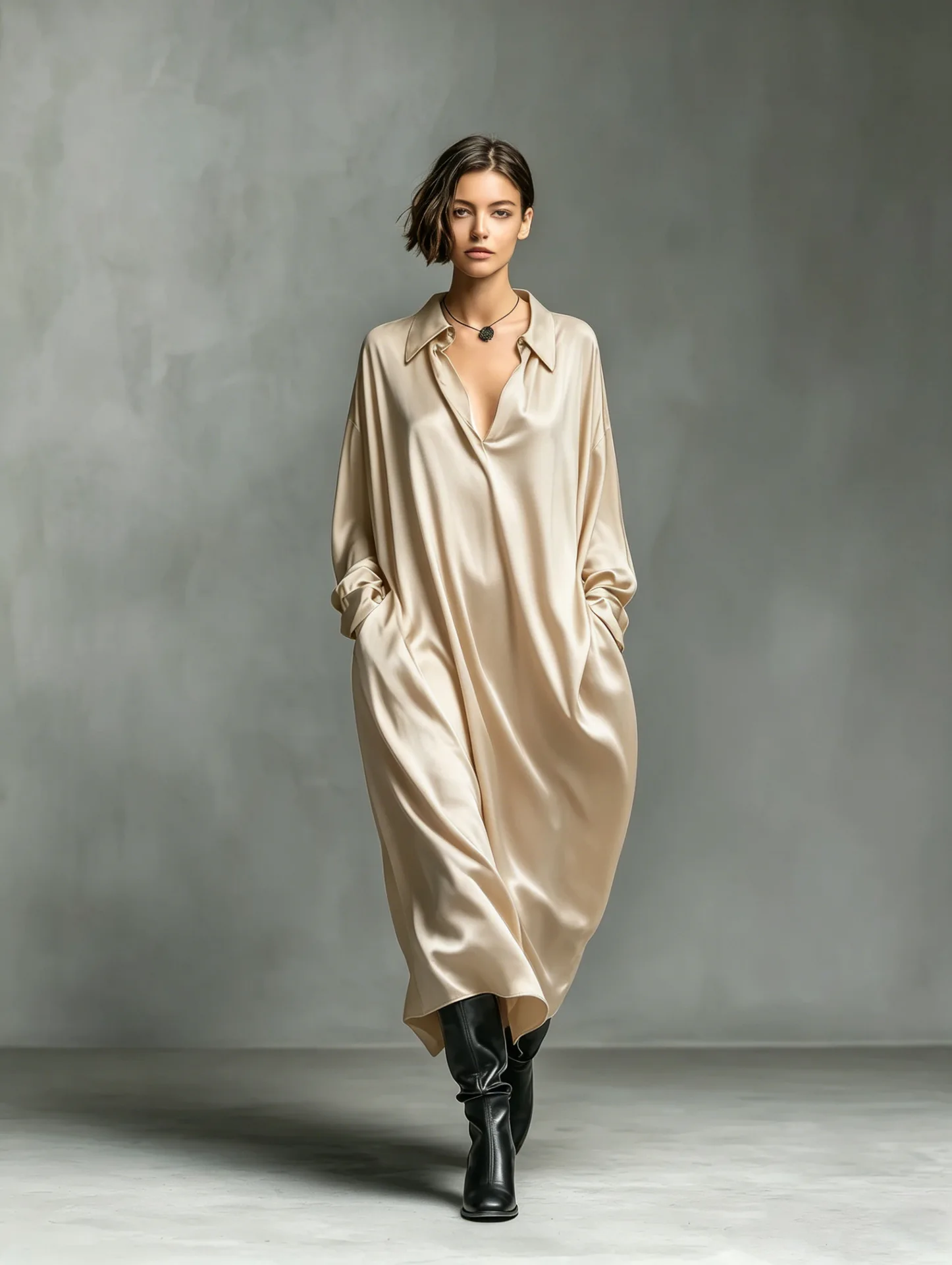 Satin Oversized Shirt Maxi Dress Lapel Collar V Neck Pockets Loose Flowy Minimalist Elegant Daily Casual Dress for Women