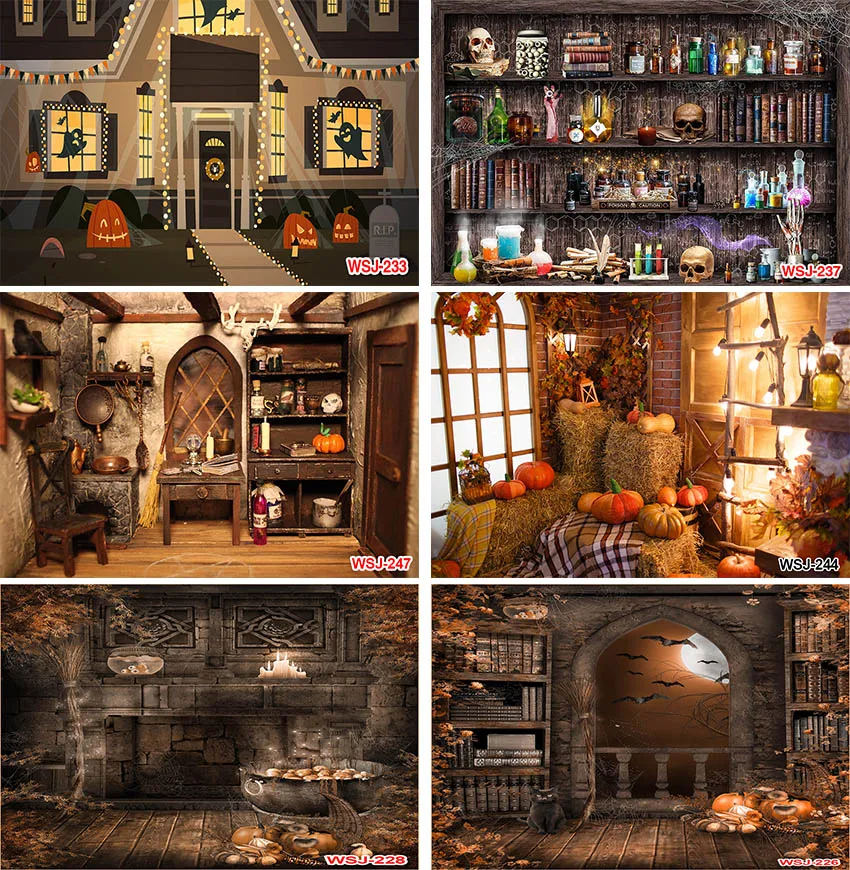 Photography Background Autumn Halloween Retro Kitchenware Pumpkin Skull House Kids Birthday Family Preparation for Halloween