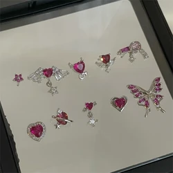 New Trendy Shiny Rose Red Color Zircon 316L Stainless Steel Ear Bone Nail Y2K Gothic Love Heart Small Earrings for Women Jewelry