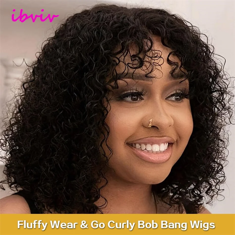 Pelucas de cabello humano Bob corto y rizado profundo con flequillo, peluca sin pegamento para llevar, peluca de color rubio con ondas de agua y miel para mujer