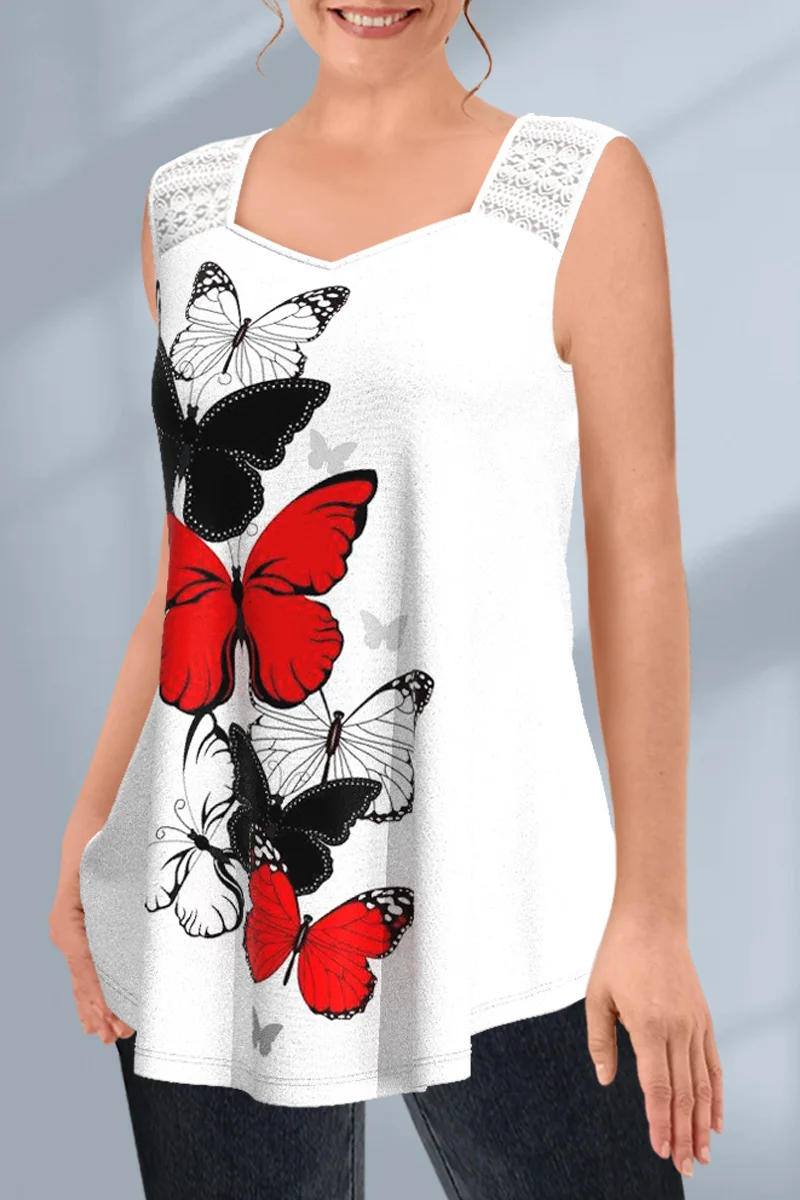 Women Fashion Plus Size Tank Top Casual White Lace Stitching Butterfly Print Sleeveless Round Neck Summer Basic Loose Tank Top