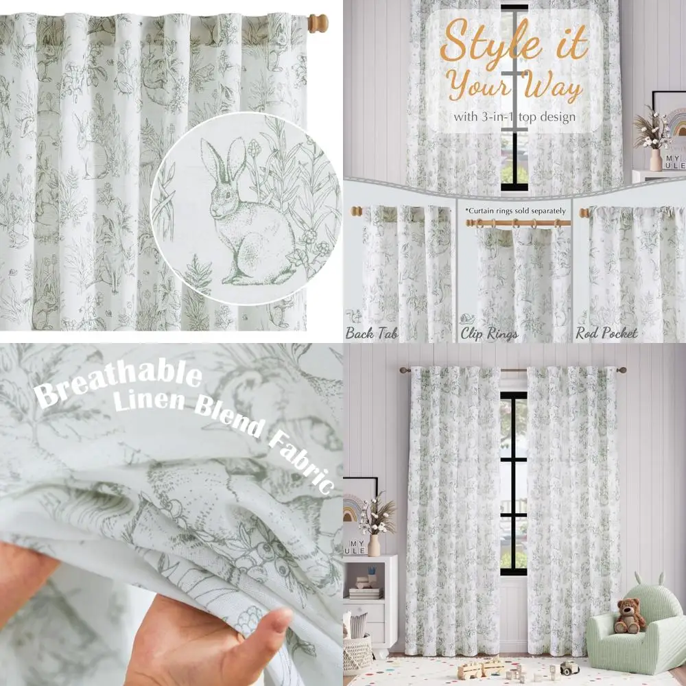 

Лляные детские шторы Woodland Wildlife Sage Green, длина 84 дюйма, светофильтрация для детских комнат в французском стиле кантри