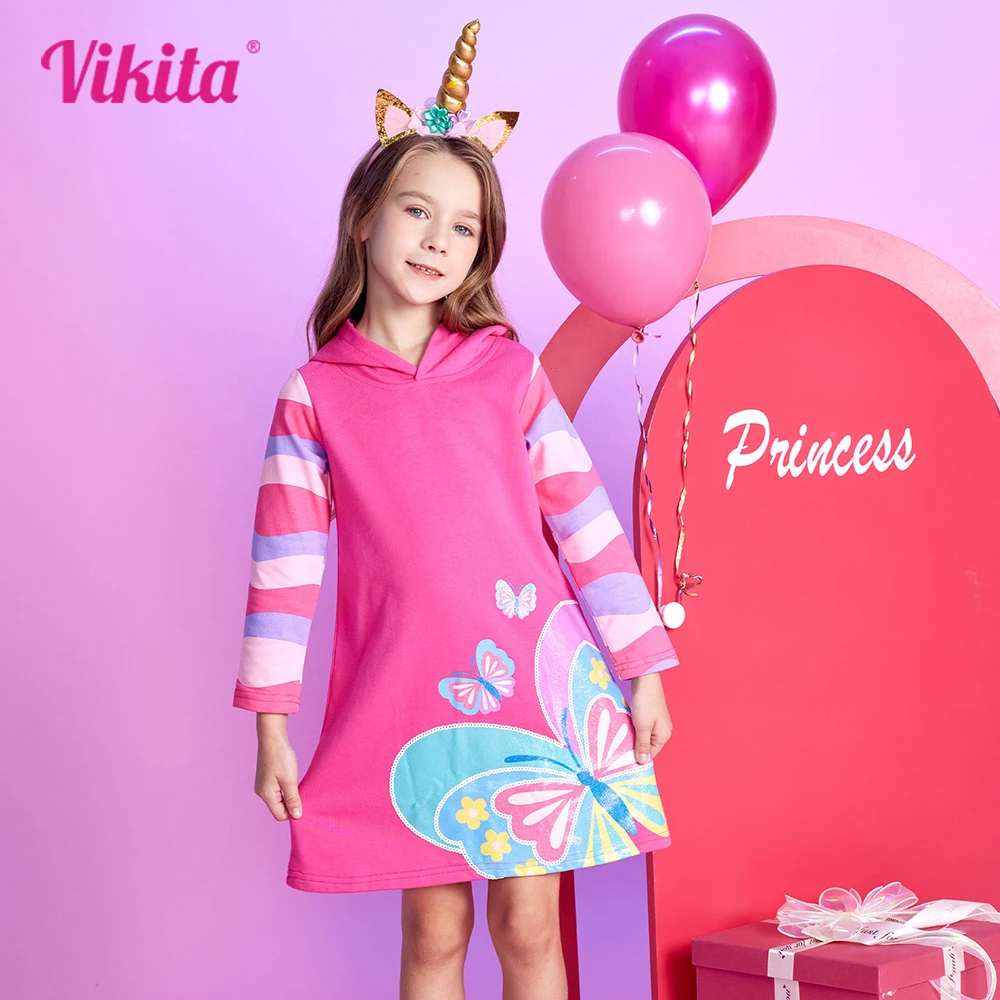 

VIKITA Girls Hooded Dress Kids Autumn Winter Long Sleeve Cotton Casual Dresses Kids Butterfly Print Striped Dress Kids Clothing