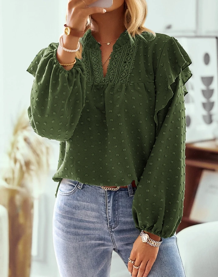 Sexy Elegant Blouses Shirt Fashion 2024 Summer Casual T-Shirt Pullover Tops Lotus Leaf Edge Lantern Sleeve Lace Patchwork Top