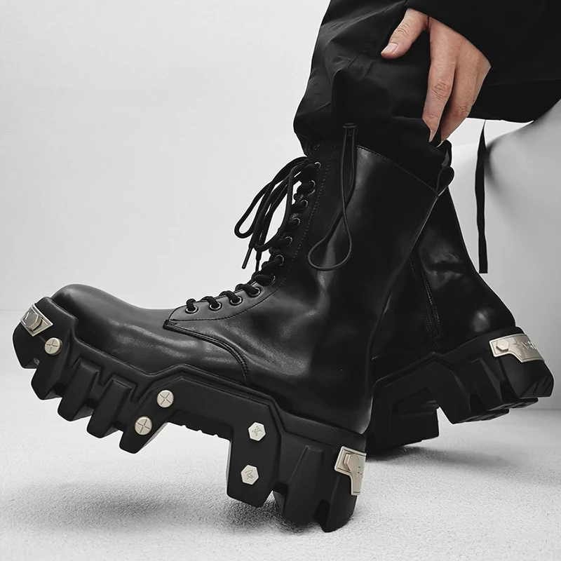 

Мужские модные панк-ботинки для сцены, высокие мотоциклетные ботинки, черные дизайнерские ковбойские ботинки из натуральной кожи, крутые длинные ботинки на платформе для мужчин