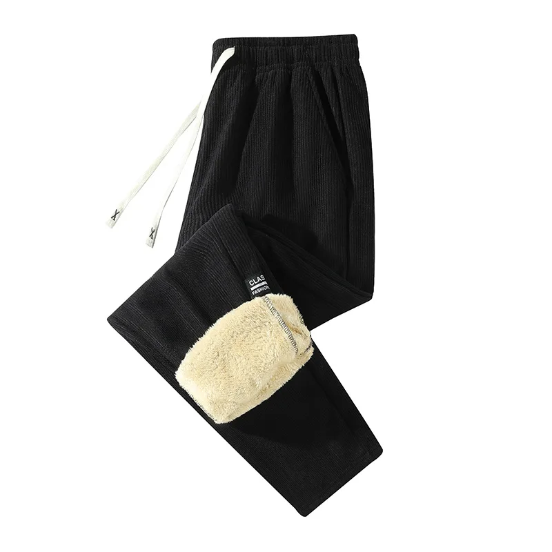Men Warm Corduroy Pants Lining Fleece Casual Thicken Side Pockets Long Pants Elastic Waist Soft Sport Thermal Straight Trousers