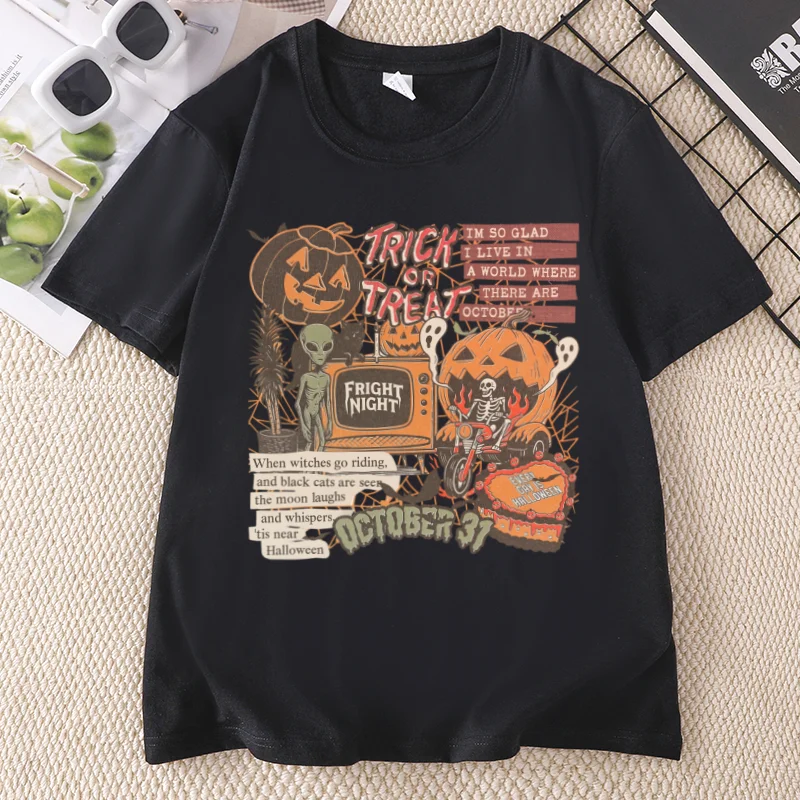 Halloween Retro T Shirt Men Women Spooky Season Ghost Tee Cotton Short Sleeve Round Neck Printed Tshirt Unisex Clothing