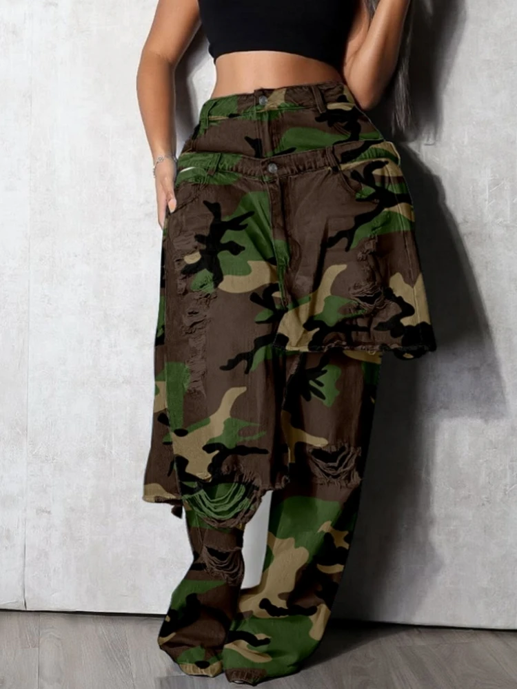 

Women High Waist Camouflage Pants Hole Straight Pants Long Jeans Casual Trendy Trousers 2025 Autumn Winter New Denim Trousers