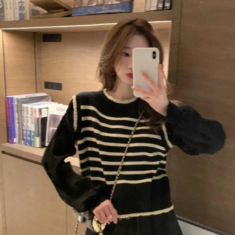 black white striped knitted sweater women korean fashion lantern sleeve fall winter sweet fake two-piece pullover school jumpers