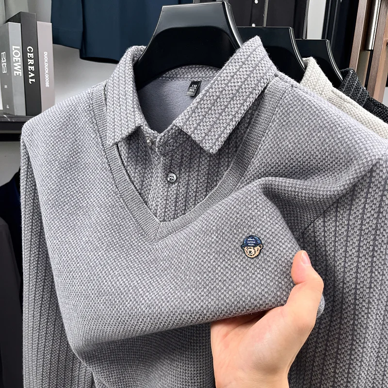 High Quality Man Long-Sleeved Polo Shirt False Two-Piece Lapel Button Embroidery Thicken Fleece-Lined Winter Fashion Men's Wear