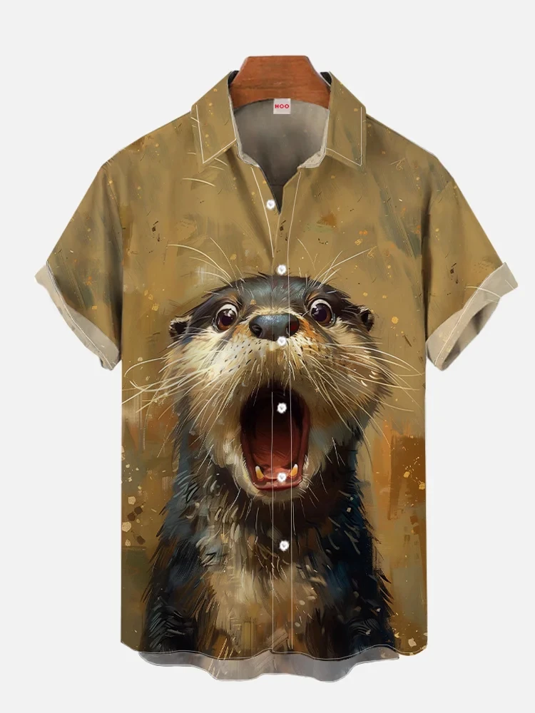 

Funny Animal Bald Pig Print Short Sleeve Shirt Summer New Retro Donkey Lamb Fashion Street Men's Lapel Button Shirt