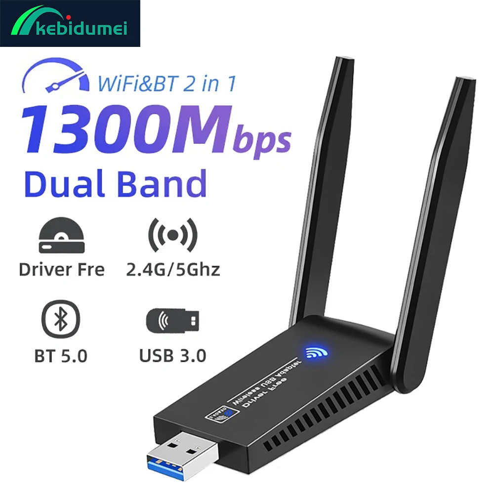 

Kebidumei 1300 Мбит/с USB 3.0 WiFi Bluetooth 5.0 Адаптер 2 в 1 Dongle Двухдиапазонный 2,4G 5G WiFi 5 Беспроводной Wlan-приемник DRIVER FREE